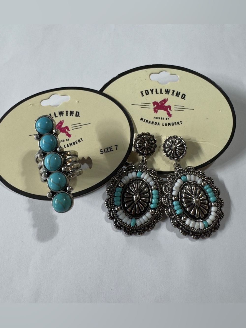 Idyllwind Turquoise and Silver-Tone Beaded Statement Ring Size 7 and Earrings